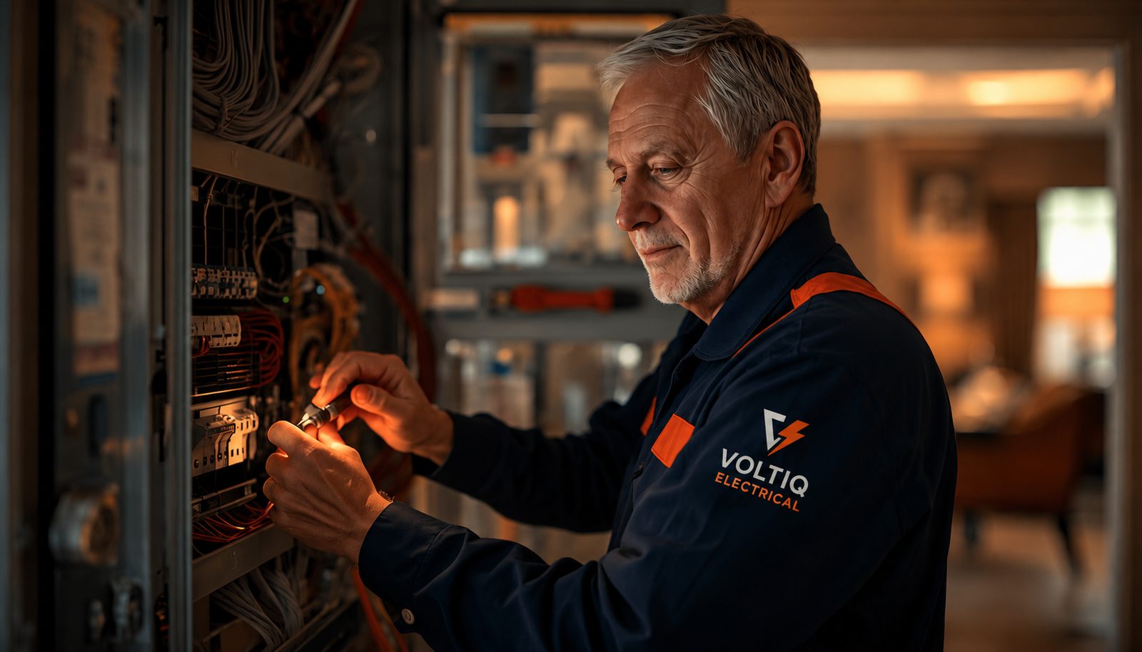 Professional electrician in branded uniform working on a panel