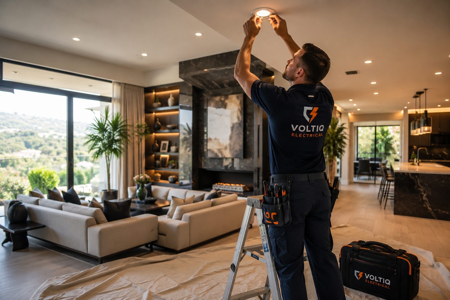 Residential electrician installing a recessed light in a luxury living room